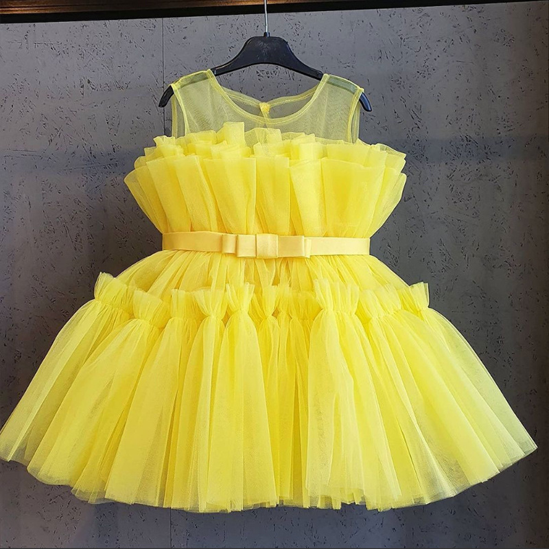 LZH Kids Wedding Princess Gown Elegant Girls Birthday Toddler Children Tulle Evening Party Halloween Yellow Dresses