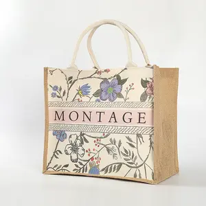 Özelleştirilmiş çevre dostu yaz hediye çuval bezi Tote çanta renk hatıra boş jüt alışveriş çantası kadınlar için özel baskılı Logo ile