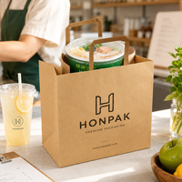 Sac de livraison alimentaire en papier kraft personnalisé, sac à emporter de qualité alimentaire avec poignée plate, emballage écologique recyclable pour saladier HONPAK