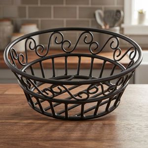 Handmade Black Metal Decorative Fruit <b>Basket</b> Round <b>Wire</b> <b>Storage</b> <b>Basket</b> for Kitchen Dining Table Countertop Home Decor - Product Image 2