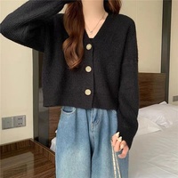 Damen Herbst Atmungsaktiver Klassischer V-Ausschnitt Einfarbiger Langarm-Polyester-Strickpullover Strickjacke mit Einknopfverschluss Maßanfertigung