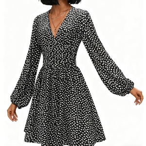 เดรสแฟชั่นสีพื้นเอวมีจีบแขนกระดิ่งคอวีแฟชั่นฤดูใบไม้ร่วง/ฤดูหนาว - Product Image 6