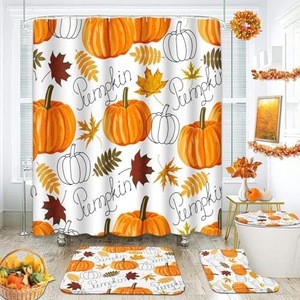 Cortina de Ducha de Poliéster con Diseño de Calabazas Naranjas y Hojas de Otoño, Impresión Digital, Impermeable, Personalizada, Moderna, Venta al Por Mayor 2 - Product Image 3