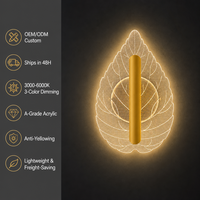 Lampe murale LED décorative en aluminium et acrylique en forme de feuille avec plaque arrière ronde dorée pour chambre d'hôtel, couloir et éclairage intérieur de magasin