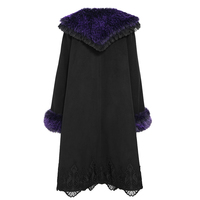 CT283 Manteau long d'hiver pour femme style Gothic Lolita, coupe trapèze, avec col et poignets en fausse fourrure violette, nœud en dentelle, décorations pompons et ourlet brodé