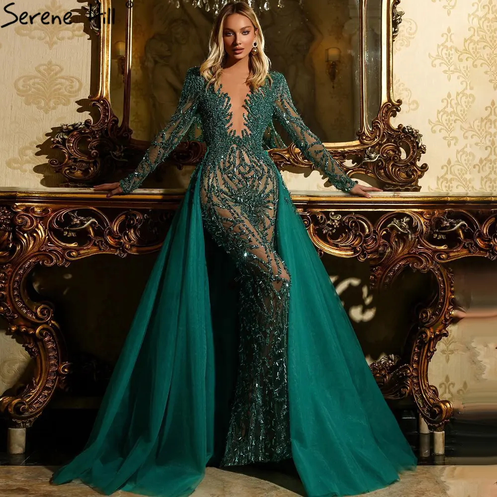 A6075 High Quality Mermaid Evening Dress Long Sleeves Green Sequined Floor-length Formal Party Dress