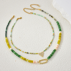 Elegante Collar de Mujer Estilo Bohemio con Cuentas de Piedra Natural en Capas, Ágata Verde y Perla Rosa, Cadena Elegante - Product Image 1