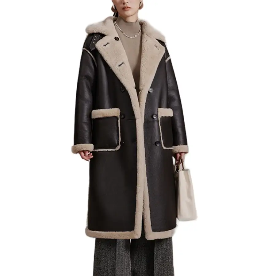Heap-gabardina de cuero con forro de lana, chaqueta larga con bolsillos grandes