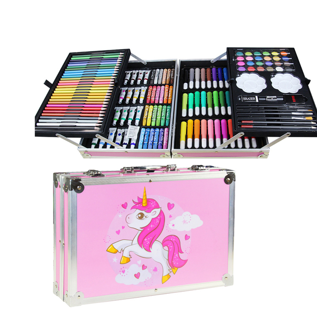 Unicorn Portable Aluminum Case Art Kit 2 Layers Drawing Supplies 145-Piece Art Supplies Set for Kids