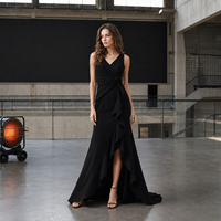 Robe de soirée noire sirène à col en V, taille nouée, volants en cascade et fente, pour invitée de mariage, sur mesure, vente en gros