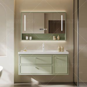 Meuble de salle de bain intelligent moderne de luxe vert avec miroir en nid d'abeille, éclairage LED, lavabo en céramique blanche, panneau en mélamine, finition laquée - Product Image 3