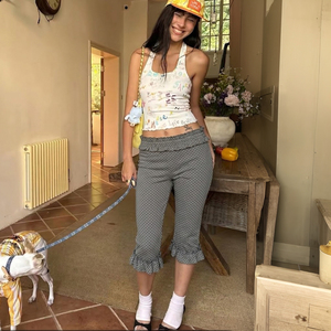Pantalon court moulant à taille froncée imprimé pois style coréen, avec bordure en dentelle, mignon et polyvalent, décontracté, longueur 7/8 - Product Image 2