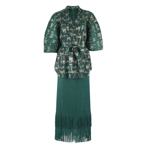 Women's African-inspired Pleated Print <b>Blazer</b>-collar Top Stamped Lettering Paired Tassel Skirt 2-piece <b>Set</b> Fashion - Product Image 6