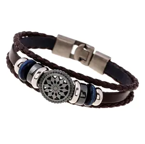 Retro Pulsera Bracelet En Cuir Punk Vintage Hand Woven Spiked Genuine Rope Men's Leather Bracelet Cuff