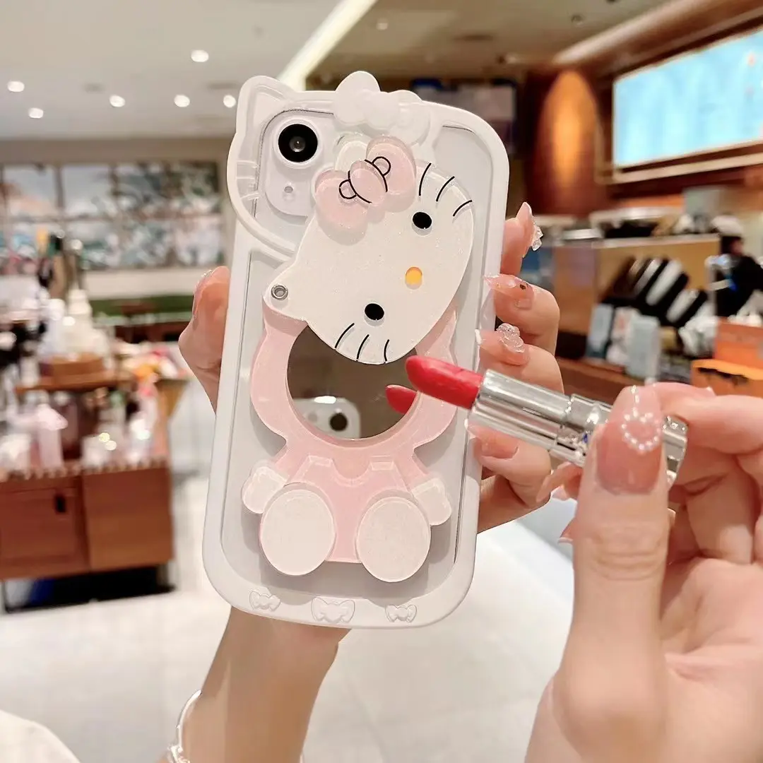 Casing ponsel cermin rias kucing KT lucu cantik 3D dengan Film lensa tas ponsel untuk iphone 12 11 14 13pro max X XS 7 8 Plus Funda