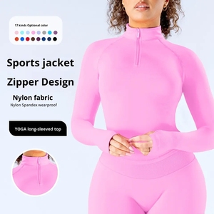 Tập Thể Dục Bộ Cho Phụ Nữ 2 Mảnh Phòng Tập Thể Dục Thể Thao Liền Mạch Scrunch Mông Xà Cạp Và Dài Tay Áo Áo Khoác Thiết Lập Với Một Nửa Dây Kéo - Product Image 4