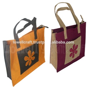 Lowellcraft Designer <b>Jute</b> <b>Shopping</b> <b>Bags</b> Geometric Pattern 44x34x14cm Hand Length Handle Zipper Closure Daily Use Groceries - Product Image 2