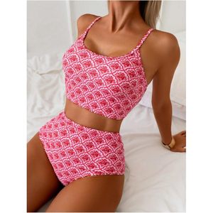 FOXA Conjunto de traje de baño tankini de 2 piezas para mujer, top corto con tirantes finos, estampado floral bohemio, traje de baño elástico tipo bikini - Product Image 3