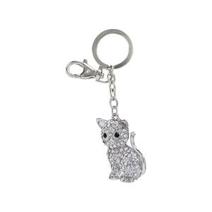 Llavero de cristal con forma de gatito y diamantes de imitación, colgante plateado para mujeres y niñas, accesorio de regalo - Product Image 1