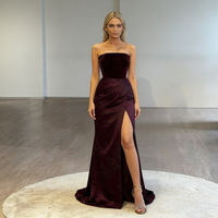 Robes de soirée longues pour femmes, élégantes, de gala, de soirée formelle, en velours bordeaux, sans bretelles, drapées, à fente haute, sirène