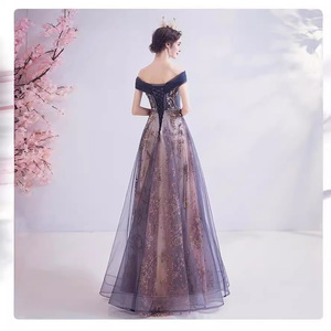 Purple Off-Shoulder Tulle Ball Gown Dress With Floral Embroidery For Evening Parties Weddings - Product Image 3