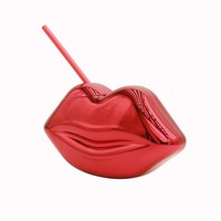 Gobelet tendance en forme de lèvres rouges sexy de 24 oz, avec couvercle et paille, finition brillante électroplaquée