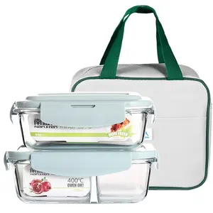 2 parça yemek hava geçirmez saklama kapları seti ambalaj taşınabilir mikrodalga Bento cam yemek kabı çanta ile