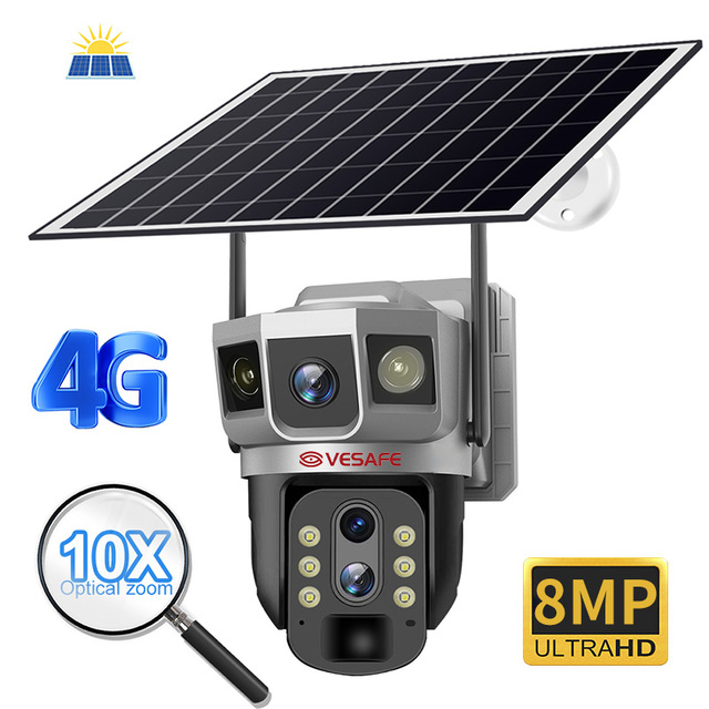 VESAFE 4K Night Vision Outdoor Solar Powered IP Camera 10X Zoom 8 MP Security Surveillance with 4G Wireless CCTV Camera