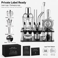 17Pcs Set Shaker Koktail Baja Tahan Karat 304 Dengan Gelas Ukur & Dudukan Akrilik OEM ODM Label Pribadi Perlengkapan Bartender