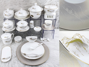 Service de vaisselle en porcelaine fine, motif Cimes de Montagne Nuage, bordure dorée à la main, vaisselle de luxe pour hôtels, mariages, banquets et restaurants - Product Image 2