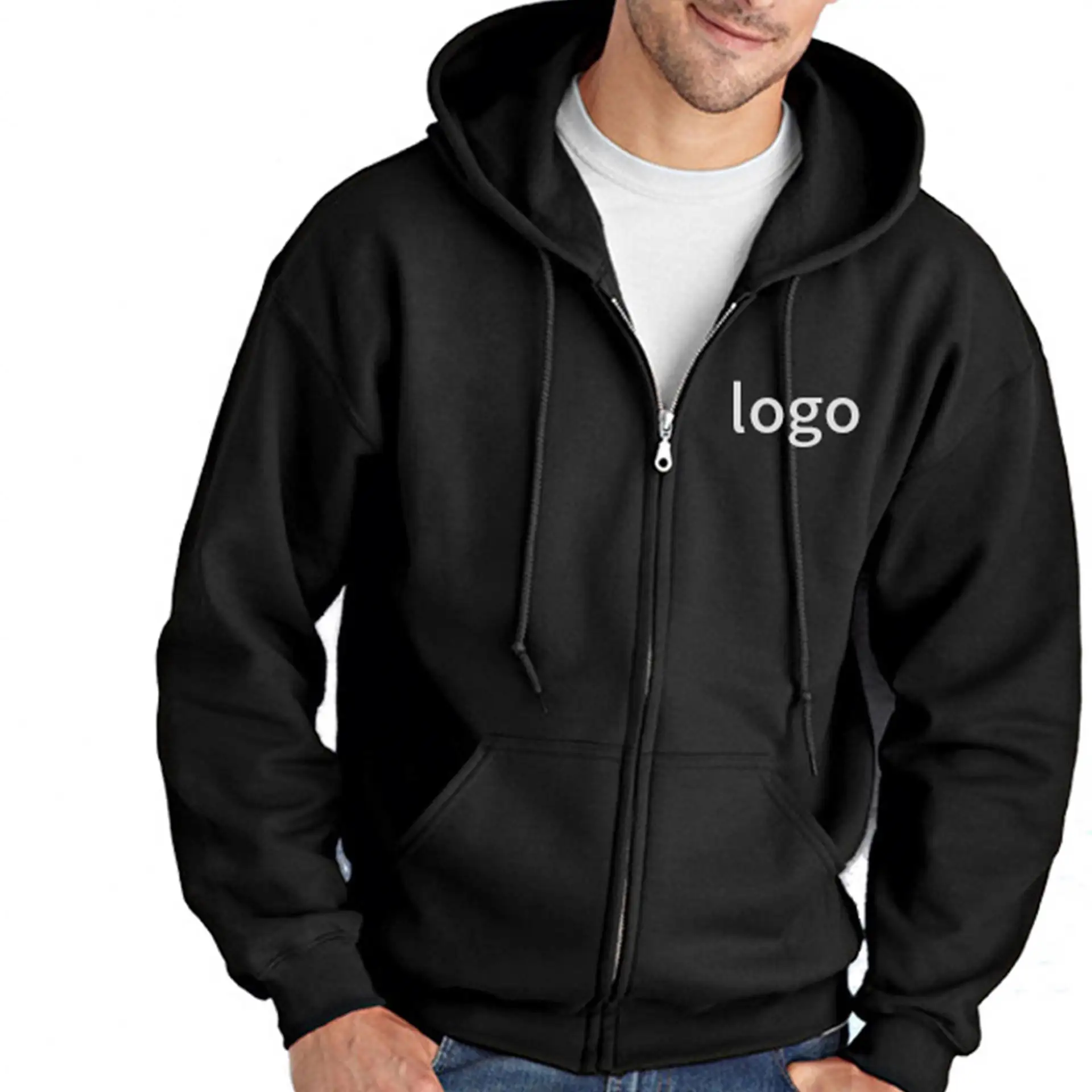 Custom logo embroidery full-zip hodie unisex fleece hood zip up jacket zipped up hoodies sweatshirt
