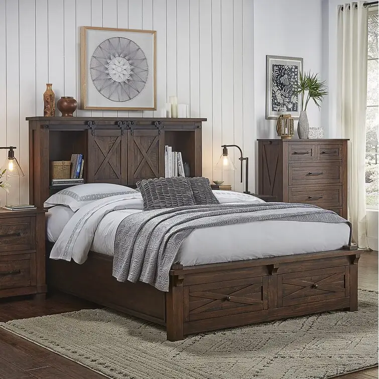 Kainice classic oak solid king size dark wood double barn bed storage designs with box platform bed frame with wooden slats