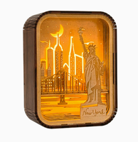 Lampe d'ambiance LED personnalisée avec logo rétro, en bois massif naturel, sculptée en 3D, effet superposé, veilleuse, boîte à ombre paysage urbain, cadeau Glycine