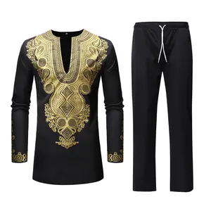 पुरुषों के लिए अफ़्रीकी 2 पीस सेट मैटेलिक पारंपरिक सूट फ्लोरल प्रिंटेड पुरुषों के लिए अफ़्रीकी दशिकी शर्ट और पैंट पोशाक