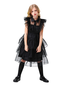 Vestido Gótico Oscuro de Princesa para Niñas con Falda Escalonada y Cuello de Tul, <span class=keywords><strong>Disfraz</strong></span> <span class=keywords><strong>Infantil</strong></span> para Halloween y Fiestas Temáticas - Product Image 4