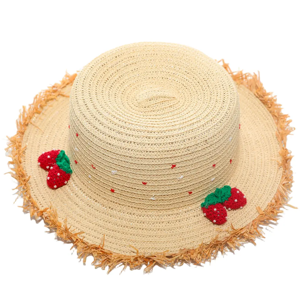 À la mode et élégant bohème fraise Mini jaune enfants plage papier tresse enfants papier chapeau de paille personnalisé