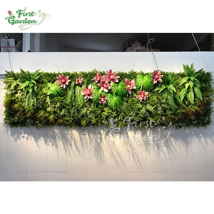 Hoja verde rojo flor artificial de la planta de pared para la decoración de fiesta de la familia Navidad librería