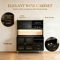 Buffet haut moderne noir avec portes vitrées, éclairage LED, casier à vin, tiroirs et pieds dorés pour salle à manger, cuisine, salon