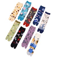 Jacquard japonais Fleur Art Mignon Deux Orteils Moyen Tube Coton Organique Tabi Split Toe Chaussettes