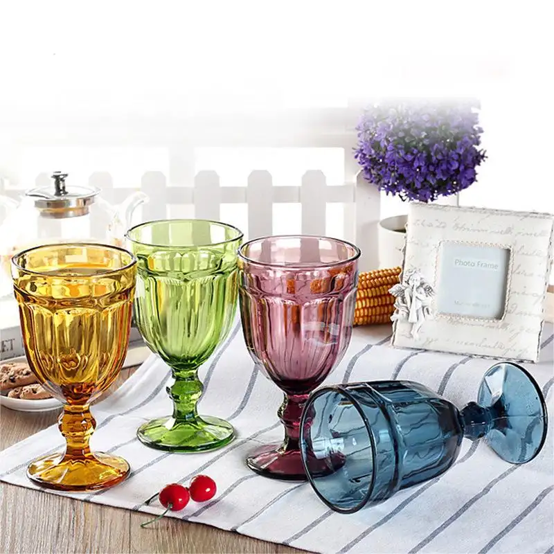 European style vintage Colored Glass cup with vertical pattern Table Bar Cup Color box vertical Rib juice cup Wine glassware Set