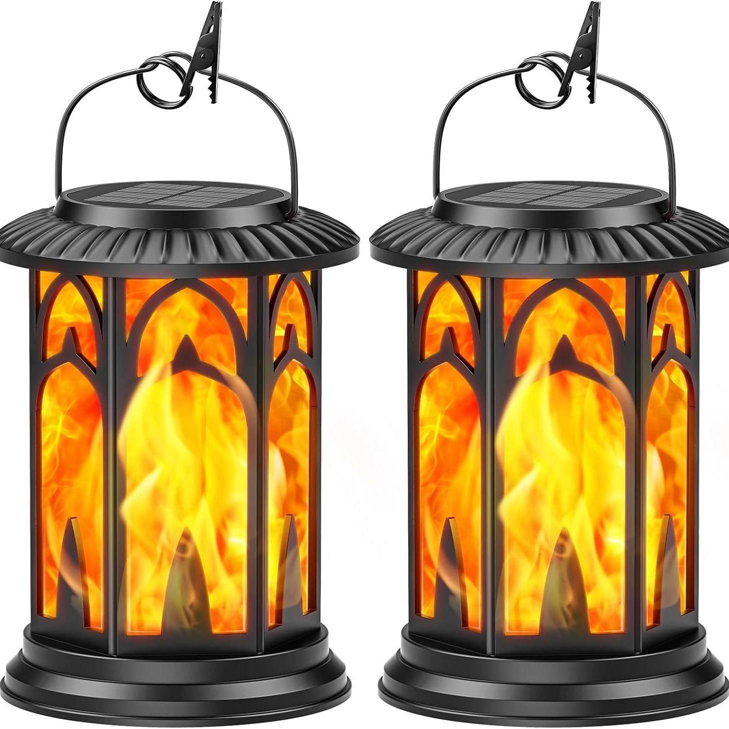 Waterproof IP65 Rating Vintage Bronze LED Flickering Flame High Brightness Touch Control Solar Lamp Garden Hanging Clip Lantern