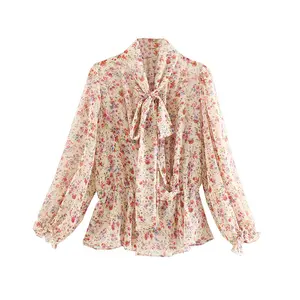 S3033C Western style floral printed ladies shirts long sleeve women casual chiffon blouse with bow tie