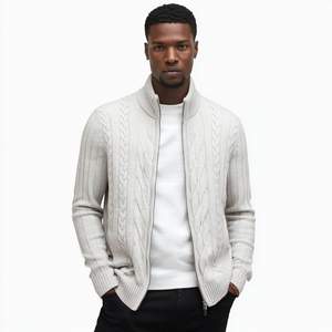 Winter-Creme-Cardigan mit Zopfmuster und Reißverschluss für Herren, O-Ausschnitt Wollpullover, Klassische Warme Strickjacke - Product Image 4