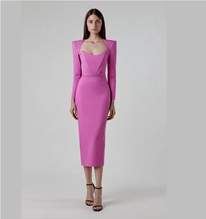 Hot Sale Open Fork Elegant Ladies Solid Color Long Sleeve Women Pink Bandage Dress