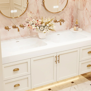 ตู้ห้องน้ำอ่างล้างหน้าคู่ขนาด 60-92 นิ้ว ปรับแต่งได้ ตู้แขวนผนังพร้อมกระจก LED อัจฉริยะ สไตล์ฝรั่งเศสหรูหรา - Product Image 2