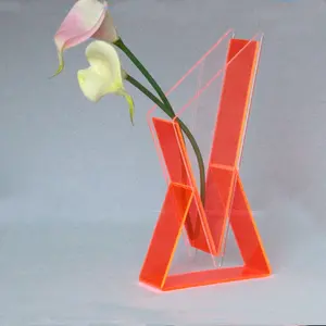 चमकदार अद्वितीय आकार के ऐक्रेलिक फूल vase lucite डेस्कटॉप सजावट संयंत्र पुष्प कंटेनर एक्रिलिक नीयन नारंगी ज्यामितीय vase