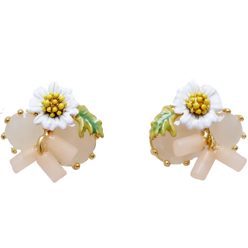 Ladies copper gold plated daisy pink gemstone earrings enamel color glaze white flowers green leaves tassel earrings jewelry