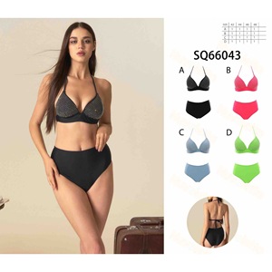 Costume da bagno bikini taglie forti HDJ nero a vita alta con controllo pancia e motivo a pois con paillettes, due pezzi, da donna, per la spiaggia - Product Image 3