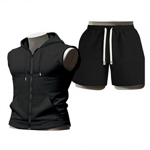 Ensemble de sweat-shirt sans manches à capuche noir pour homme, couleur unie, en molleton français, décontracté, tricoté, pour l'été, respirant - Product Image 1