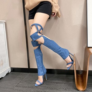 أزياء الدنيم الغربية مثير حذاء بكعب خنجر بكعب عالٍ وفخذ مرتفع فوق الركبة للفتيات - Product Image 3
